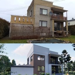 KLIM-BUD USŁUGI REMONTOWO BUDOWLANE Krzysztof Klimek - Dom przed i po renowacji: od szarej elewacji z balkonami do nowoczesnej bryły z drewnianymi akcentami i dużymi oknami. Widok z zewnątrz, zieleń w tle.