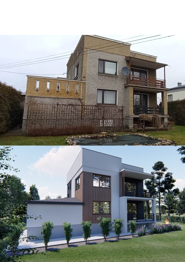 Dom przed i po renowacji: od szarej elewacji z balkonami do nowoczesnej bryły z drewnianymi akcentami i dużymi oknami. Widok z zewnątrz, zieleń w tle.