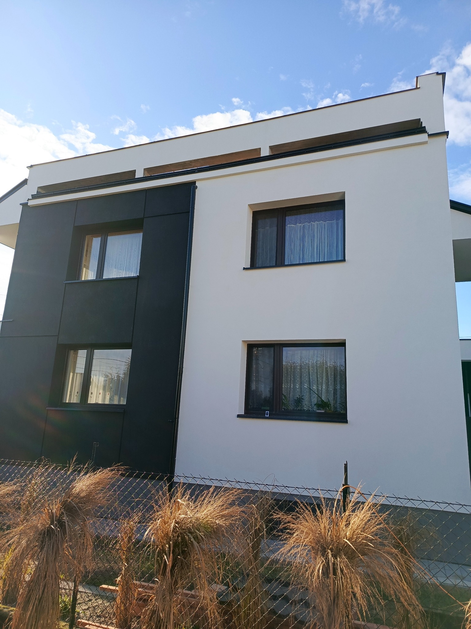 Dwukondygnacyjny dom z białą elewacją i czarnym panelem bocznym, widoczny zza ozdobnych traw przy ogrodzeniu. Nowoczesny design, błękitne niebo w tle.