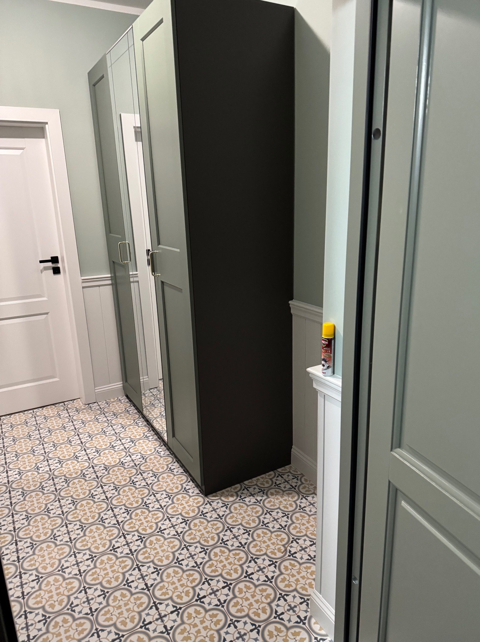 Nowoczesne wykończenie wnętrza: szafa z lustrami, wzorzysta podłoga i białe drzwi w pastelowej kolorystyce. Widoczna listwa przypodłogowa i ściana w jasnym odcieniu.