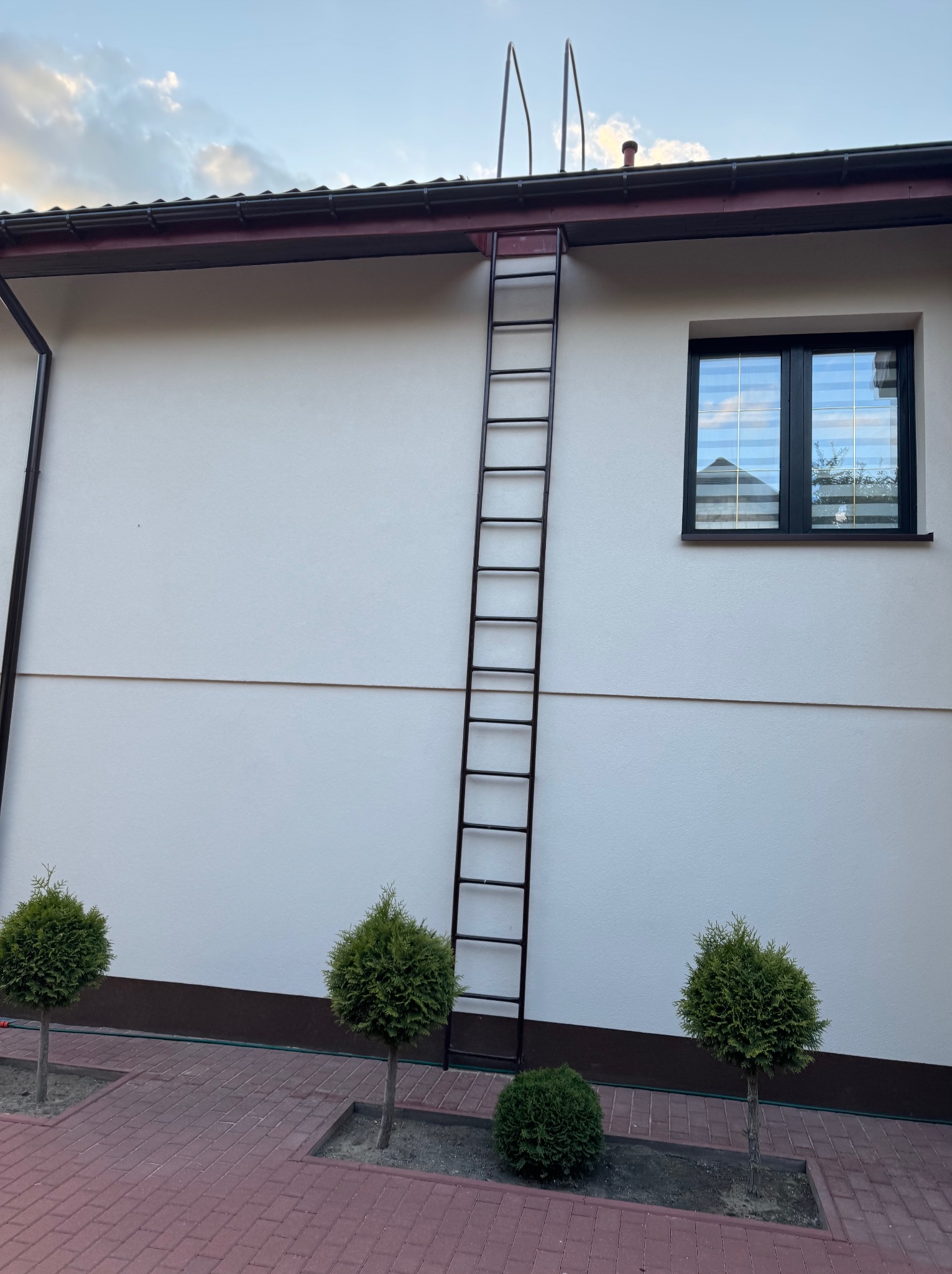 Jasna elewacja domu z oknem i drabinką dachową. Trzy małe drzewka iglaste przy ścianie. Czerwona kostka brukowa na podwórku. Błękitne niebo z chmurami w tle.