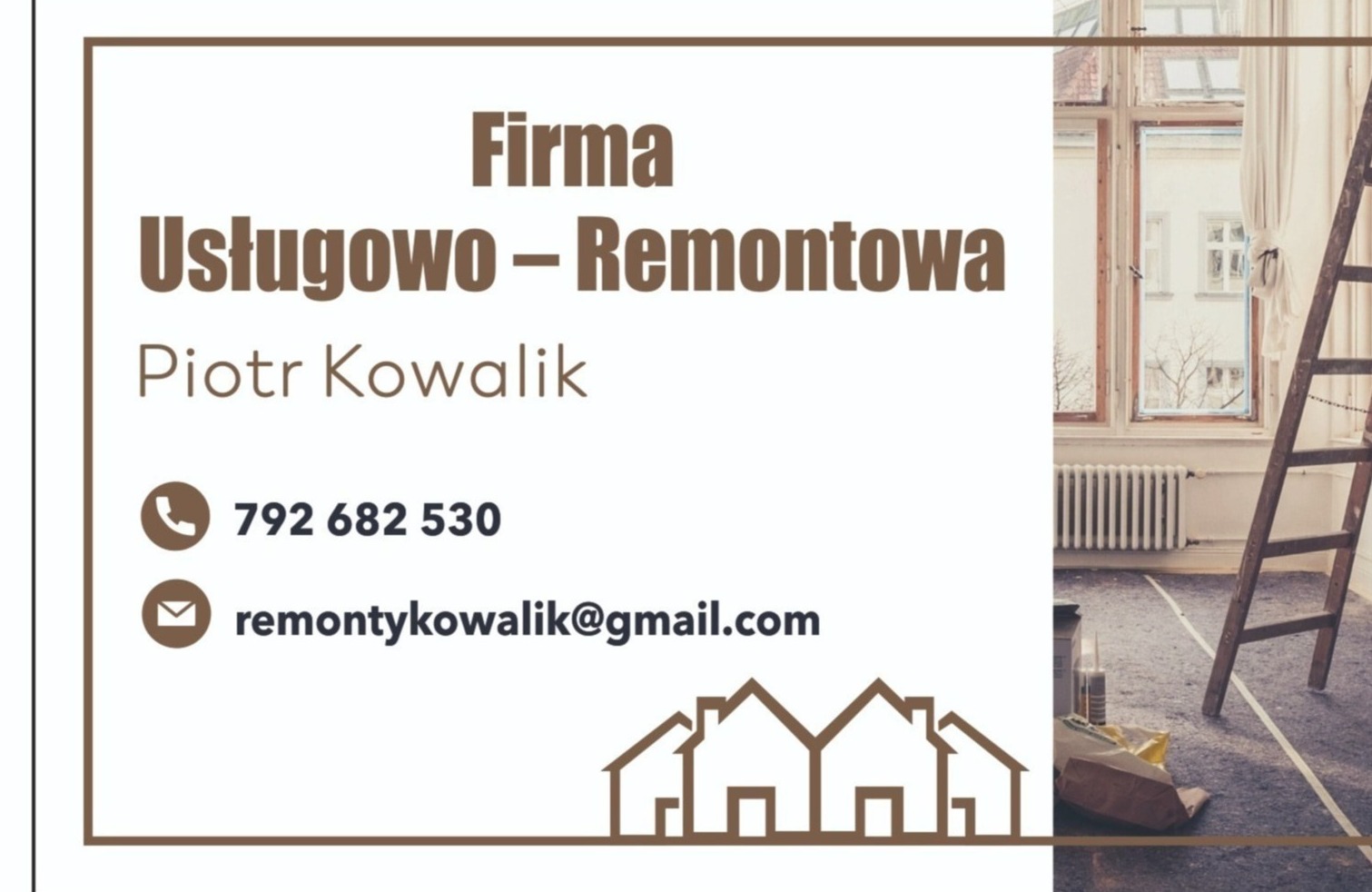 Wizytówka firmy Usługowo-Remontowej Piotr Kowalik z Chrząstowic, zawierająca numer telefonu i adres e-mail na tle pokoju w trakcie remontu z drabiną opartą o ścianę.
