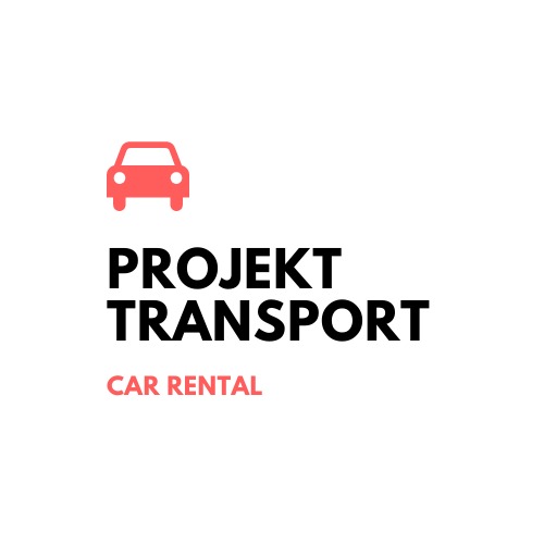 Logo firmy transportowej Projekt Transport Car Rental z ikoną czerwonego samochodu.