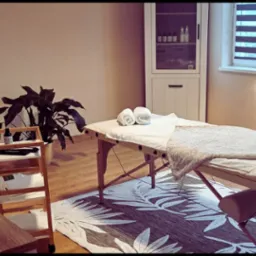 Przytulne wnętrze gabinetu z drewnianym łóżkiem do zabiegów, zwinięte ręczniki, dekoracyjny pled, roślina w doniczce na wózku i szafka z kosmetykami w tle. Na podłodze dywan z motywem liści.