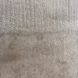 Fragment beżowego dywanu z widoczną różnicą w czystości: górna część jaśniejsza, dolna bardziej zabrudzona, z plamą w lewym górnym rogu.