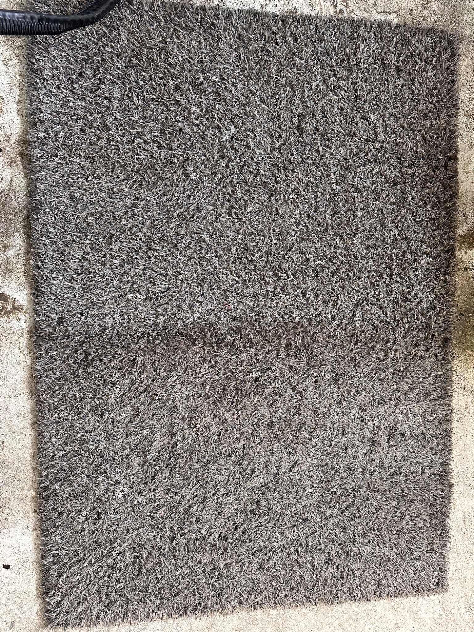 Szary dywan z krótkim włosiem leżący na betonowej posadzce, widoczne ślady cienia i fragment węża ssącego odkurzacza.