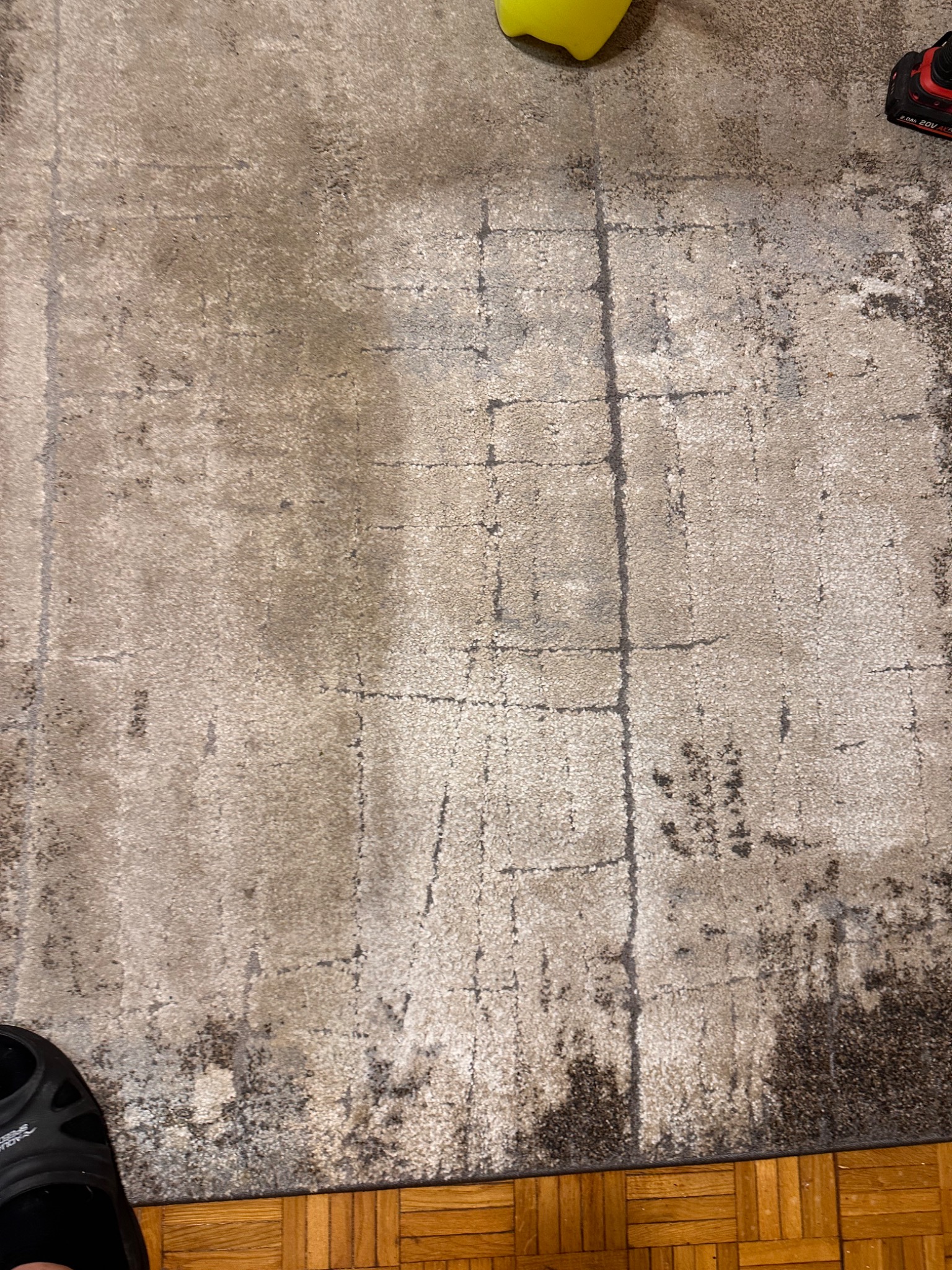 Dywany w beżowych odcieniach z ciemnymi plamami i wzorami, częściowo umyty, narzędzia do czyszczenia widoczne w rogu, ułożony na parkiecie.