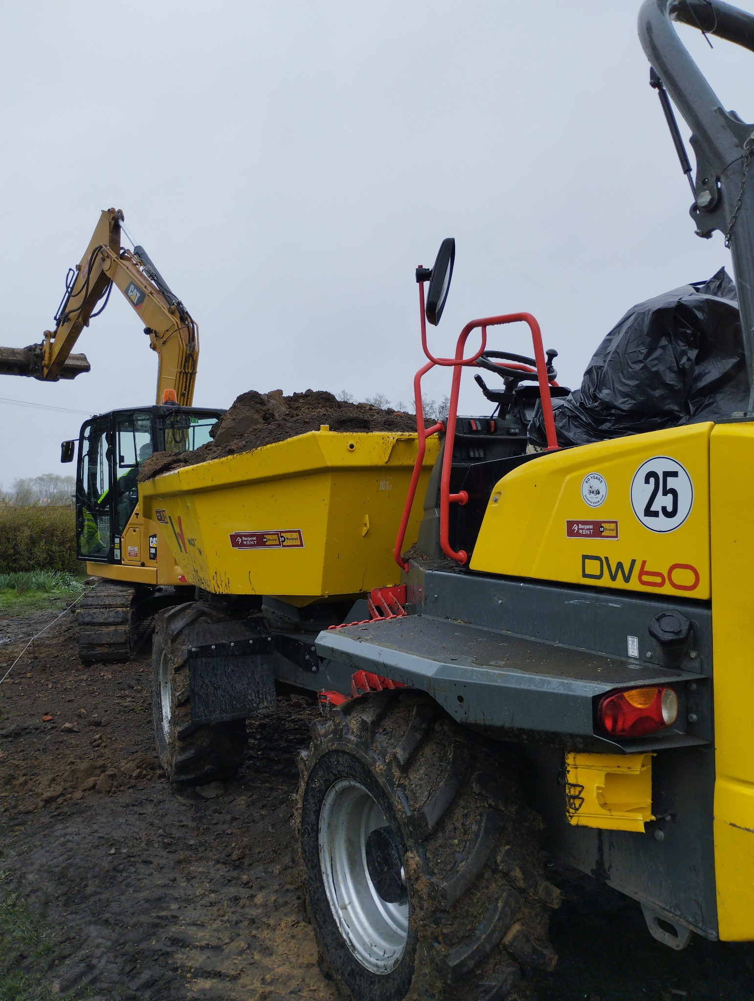 Żółta wywrotka i koparka CAT na błotnistym terenie podczas załadunku ziemi, widoczne oznaczenia wypożyczalni na wywrotce.