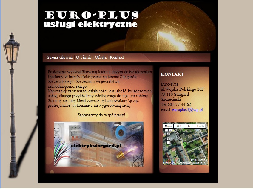 Strona internetowa firmy Euro-Plus świadczącej usługi elektryczne w Stargardzie Szczecińskim, z widocznym adresem, numerem telefonu i adresem email.