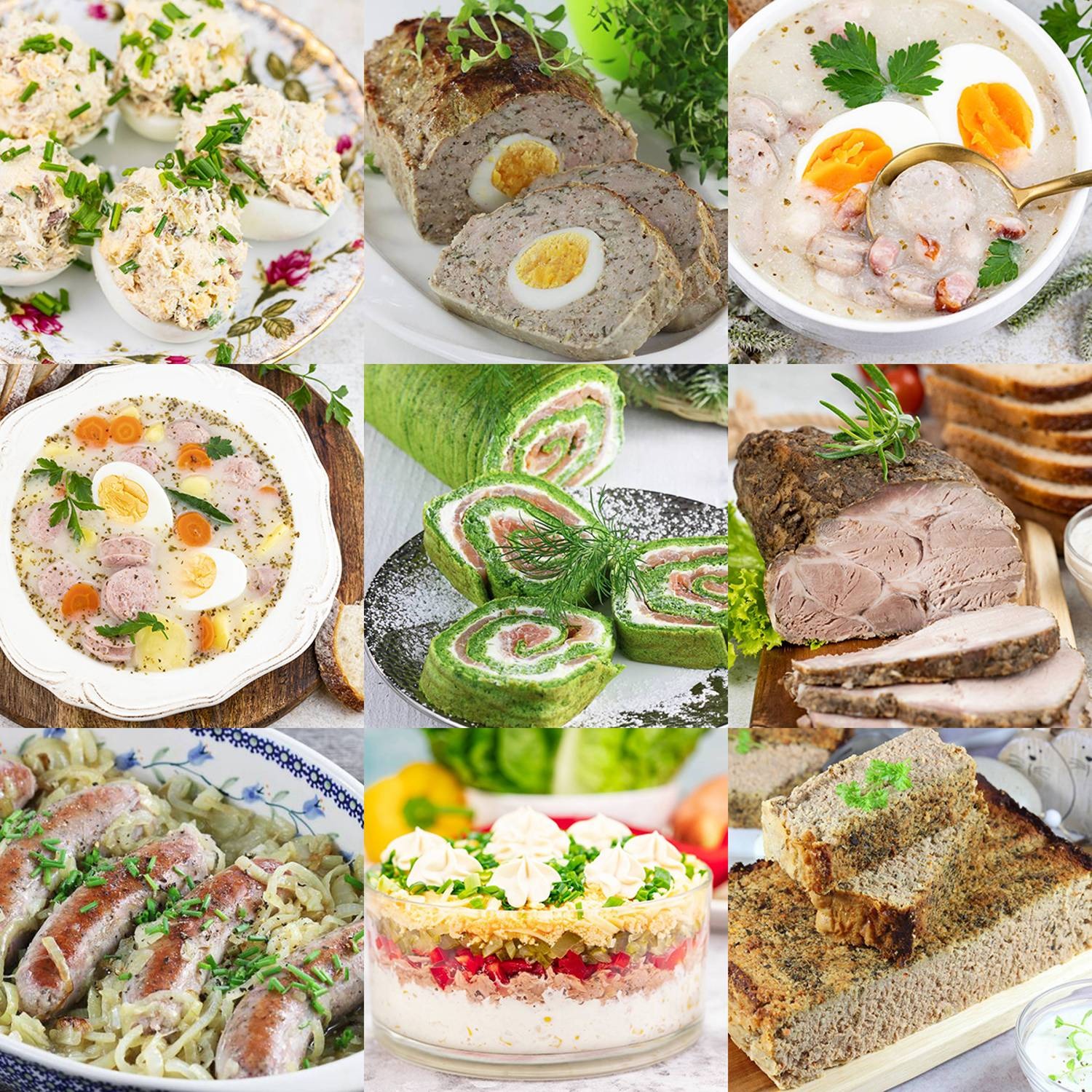 Kompozycja dziewięciu potraw: jajka faszerowane na ozdobnym talerzu, pasztet z jajkiem na twardo, żurek z łyżką, zupa z jajkiem i marchewką, roladki szpinakowe z łososiem, pieczeń, kiełbaski...