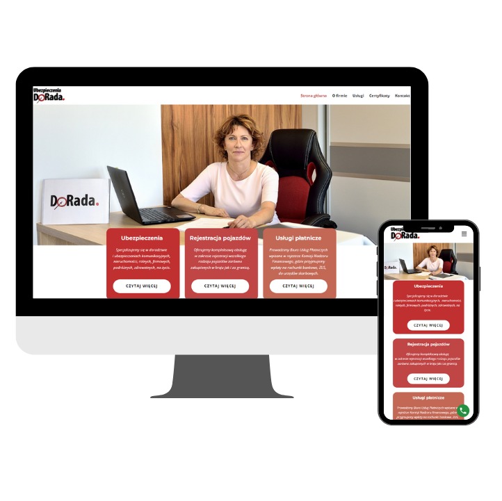 Responsywna strona internetowa firmy ubezpieczeniowej DoRada, wyświetlana na monitorze i smartfonie, prezentująca ofertę ubezpieczeń, rejestracji pojazdów i usług płatniczych.