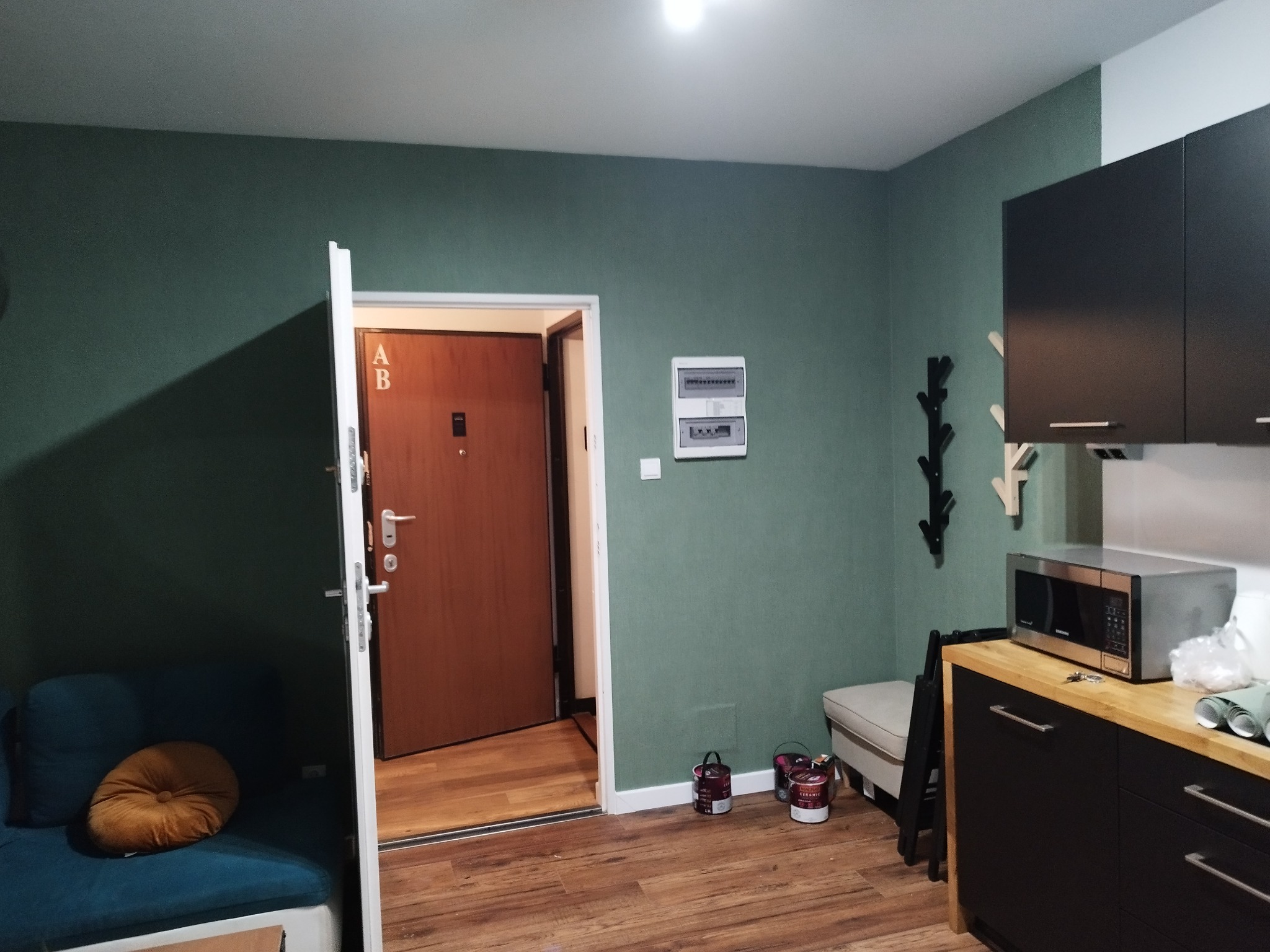 Wnętrze mieszkania po remoncie: zielone ściany, drewniana podłoga, otwarta brązowa drzwi wejściowe z literami A i B, nowoczesna zabudowa kuchenna i puszki z farbą na podłodze.