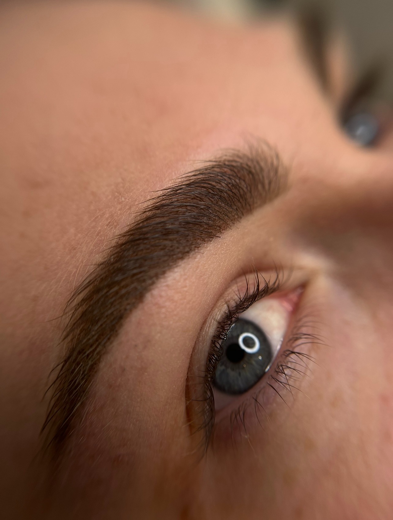 Zbliżenie na oko z wyraźnie zarysowanymi brwiami po zabiegu stylizacji, widoczny efekt pudrowego wykończenia.