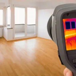 Termowizja pustego, jasnego pokoju z parkietem, radiatorem i dużymi oknami balkonowymi; na ekranie termowizora widoczne rozkłady temperatur.