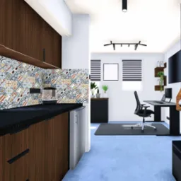 Wizualizacja wnętrza łączącego kuchnię z przestrzenią biurową; drewniane szafki kuchenne z kolorową mozaiką na ścianie i biurko z komputerem w tle.