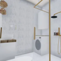 Wizualizacja nowoczesnej łazienki z umywalką nablatową na drewnianym blacie, wiszącą szafką, pralką i złotą armaturą prysznicową na tle betonowej ściany.