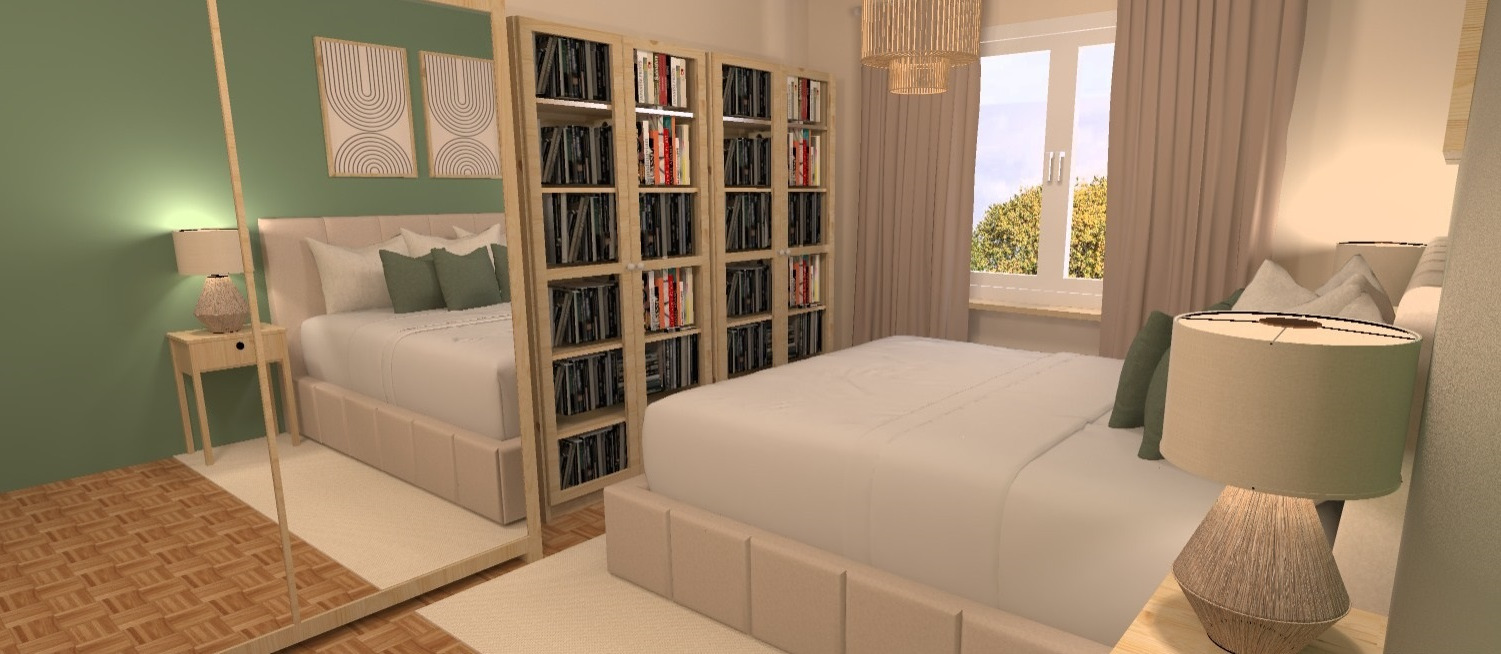 Wizualizacja sypialni z dwoma łóżkami oddzielonymi regałem na książki, zielona ściana, drewniana podłoga, lampy nocne z abażurami z naturalnego materiału, okno z beżowymi zasłonami.