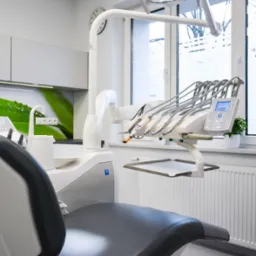 Jasne wnętrze gabinetu z nowoczesnym fotelem dentystycznym, lampą zabiegową i panelem sterowania z wyświetlaczem, widok z perspektywy pacjenta.