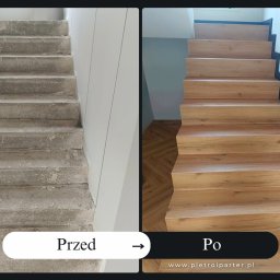 Piętro i Parter - Schody przed i po remoncie: surowe betonowe stopnie vs. wykończone panelami drewnopodobnymi z czarnymi listwami. Widoczna podłoga z parkietu u dołu.