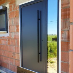 Piętro i Parter - Ciemne, nowoczesne drzwi zewnętrzne z długim uchwytem i bocznym przeszkleniem, zamontowane w surowej ścianie z czerwonej cegły. Widok na zewnątrz przez szybę.