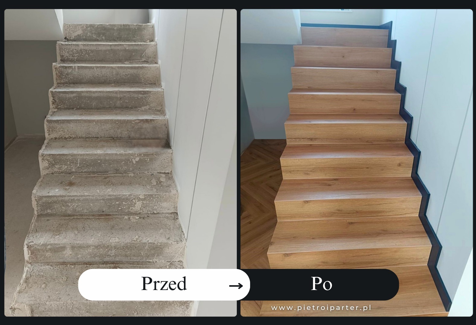 Schody przed i po remoncie: surowe betonowe stopnie vs. wykończone panelami drewnopodobnymi z czarnymi listwami. Widoczna podłoga z parkietu u dołu.