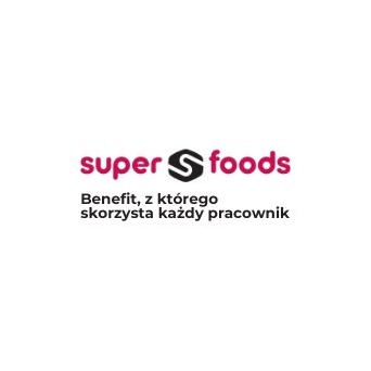 Logo firmy Super S Foods z hasłem: Benefit, z którego skorzysta każdy pracownik. Grafika w kolorze fuksji i czerni na białym tle.