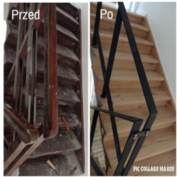 Usługi Parkieciarskie Bartłomiej Gadomski - Renowacja schodów drewnianych w Ząbkach: porównanie stanu 'przed' - widoczne stare, brudne schody z drewnianą balustradą, z narzędziami leżącymi na stopniach - i stanu 'po' - odnowione schody...