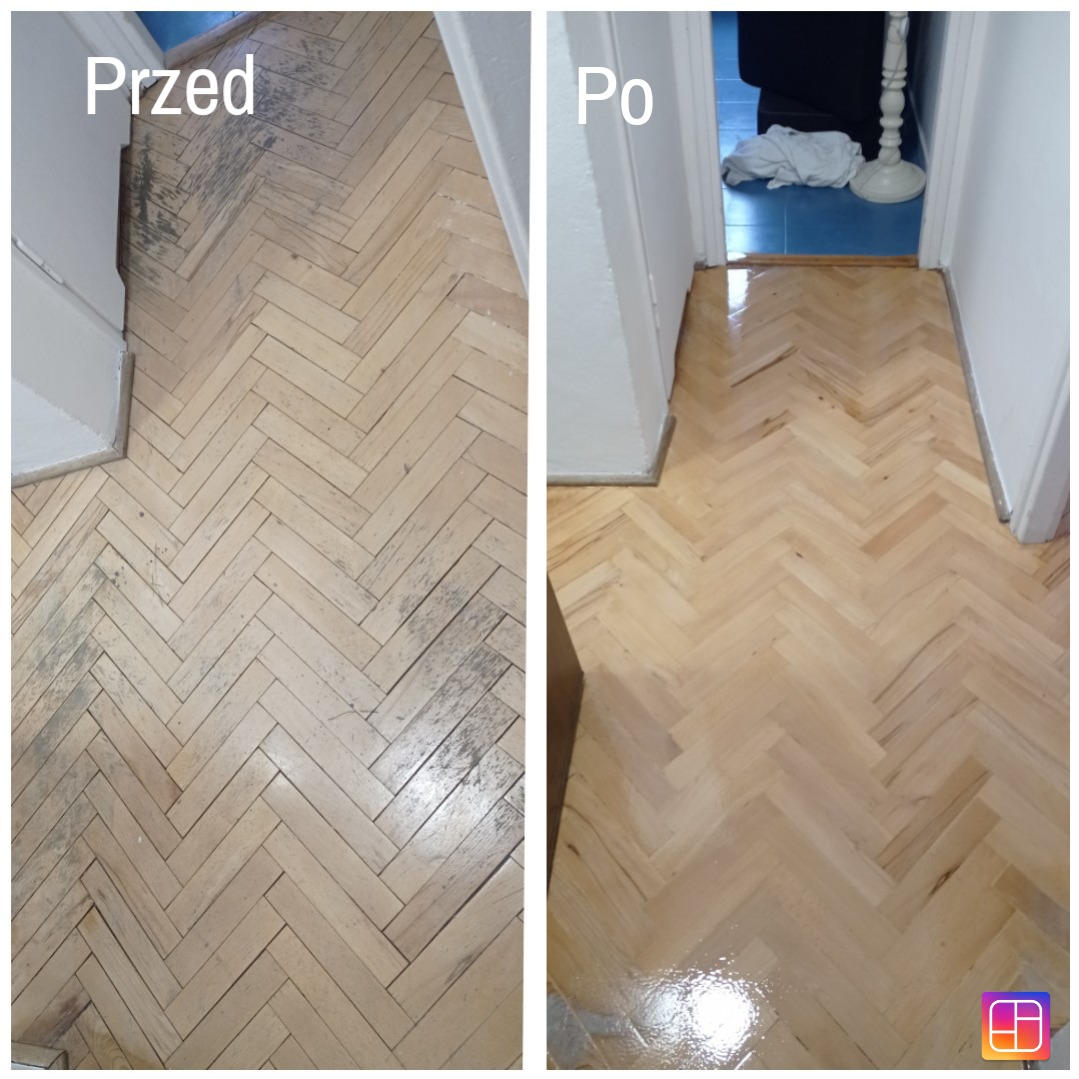 Porównanie stanu parkietu ułożonego w jodełkę przed i po renowacji. Część 'Przed' z widocznymi śladami użytkowania i zniszczeniami, część 'Po' z odnowioną, błyszczącą powierzchnią.