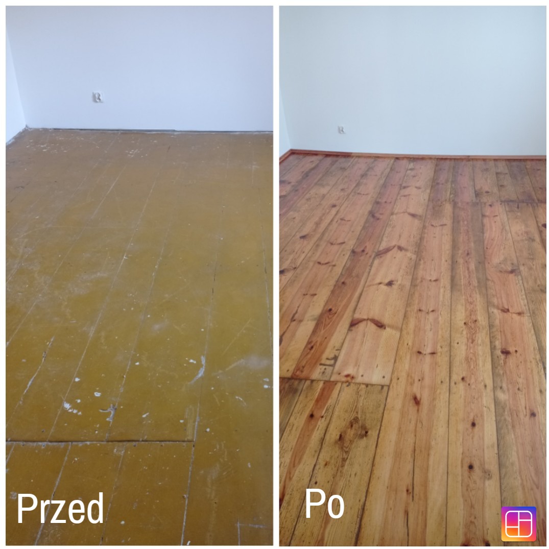 Porównanie stanu podłogi drewnianej przed i po renowacji: po lewej stronie zniszczona, żółta, z ubytkami, po prawej odnowiona, jasnobrązowa z widocznym usłojeniem drewna.