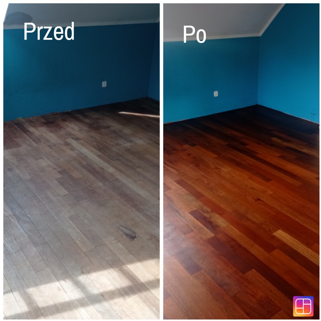 Porównanie stanu podłogi drewnianej przed i po renowacji: wyblakłe deski po lewej stronie i odnowiona, błyszcząca powierzchnia po prawej.