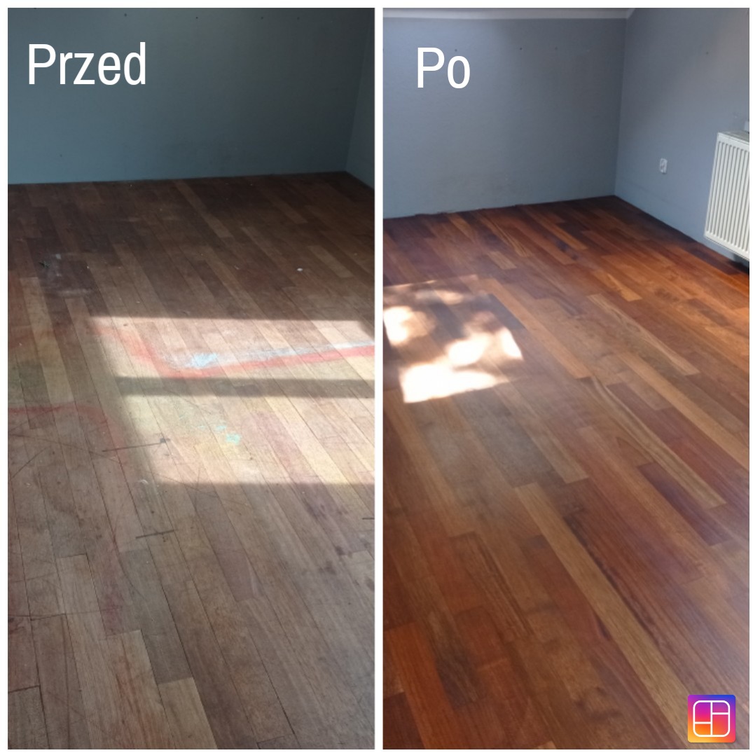 Porównanie podłogi drewnianej przed i po renowacji, widoczne różnice w kolorze i stanie powierzchni, z lewej strony podłoga zniszczona i zabrudzona, z prawej odnowiona i błyszcząca w promieniach...