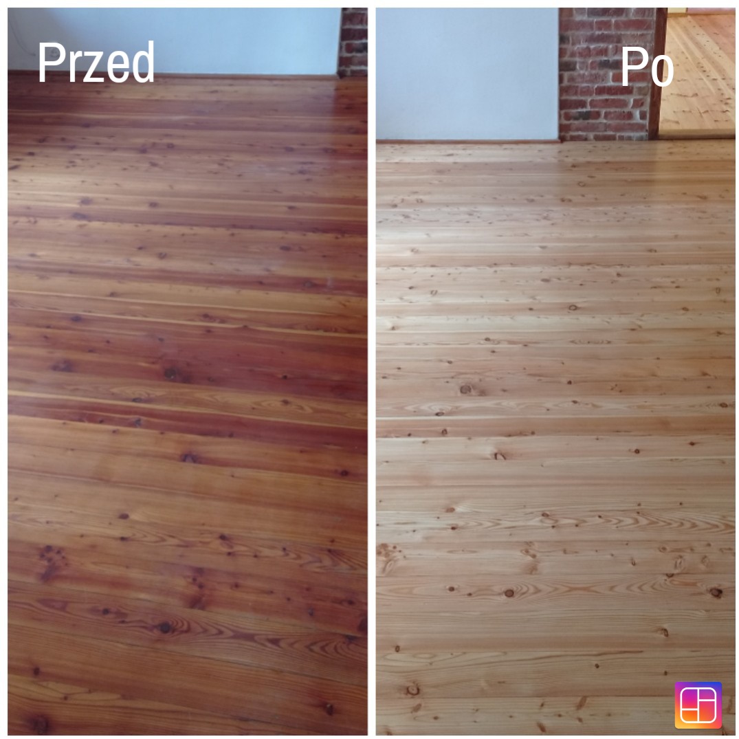 Porównanie podłogi drewnianej przed i po renowacji: ciemne, lakierowane deski po lewej stronie i jasne, odnowione deski po prawej stronie, widoczne różnice w kolorze i wykończeniu.