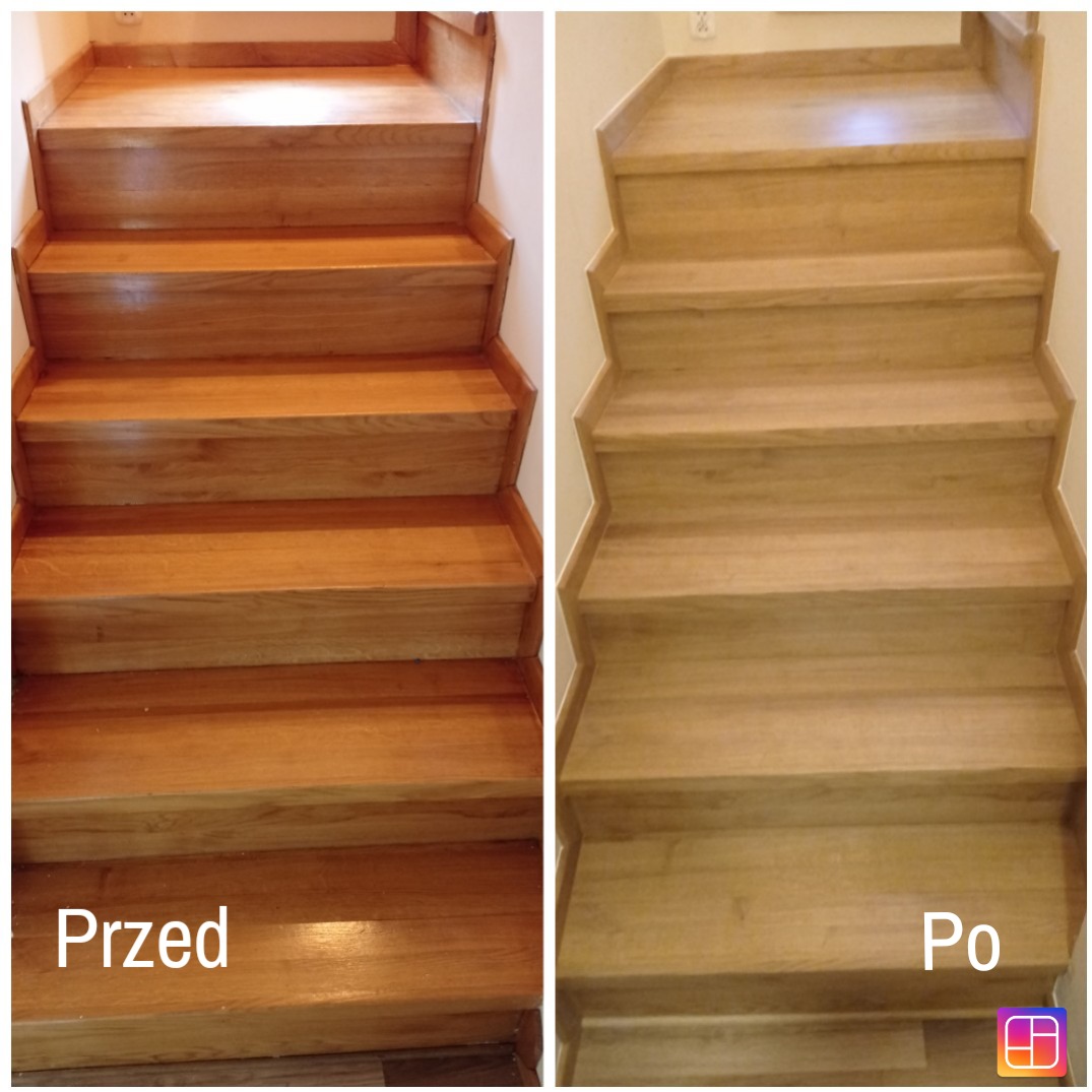 Porównanie schodów drewnianych przed i po cyklinowaniu: odcień miodowy przed, jaśniejszy i bardziej matowy po renowacji.