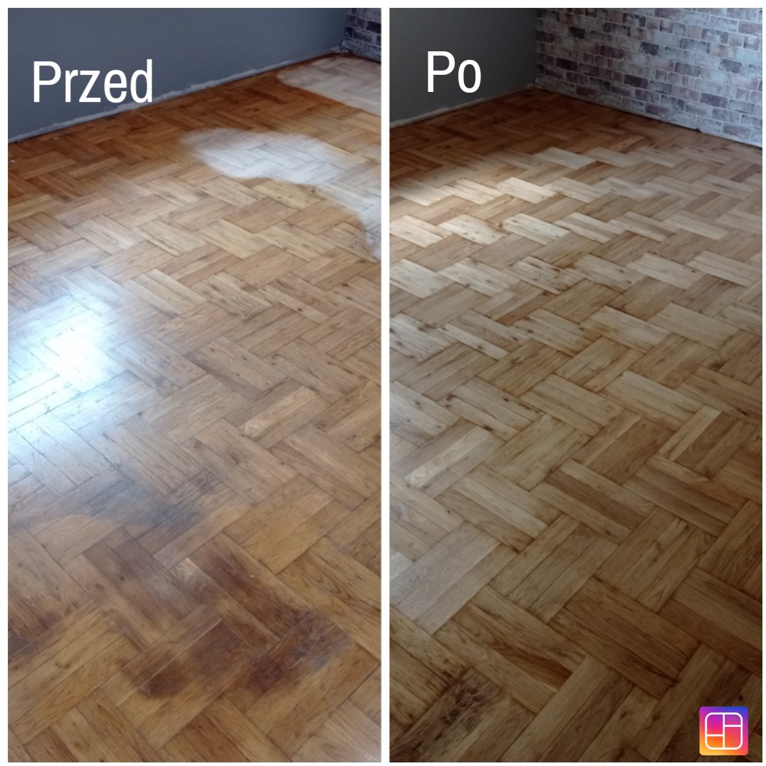 Parkiet ułożony w jodełkę przed i po renowacji, widoczne różnice w kolorze i połysku, fragment ściany z cegły w tle.