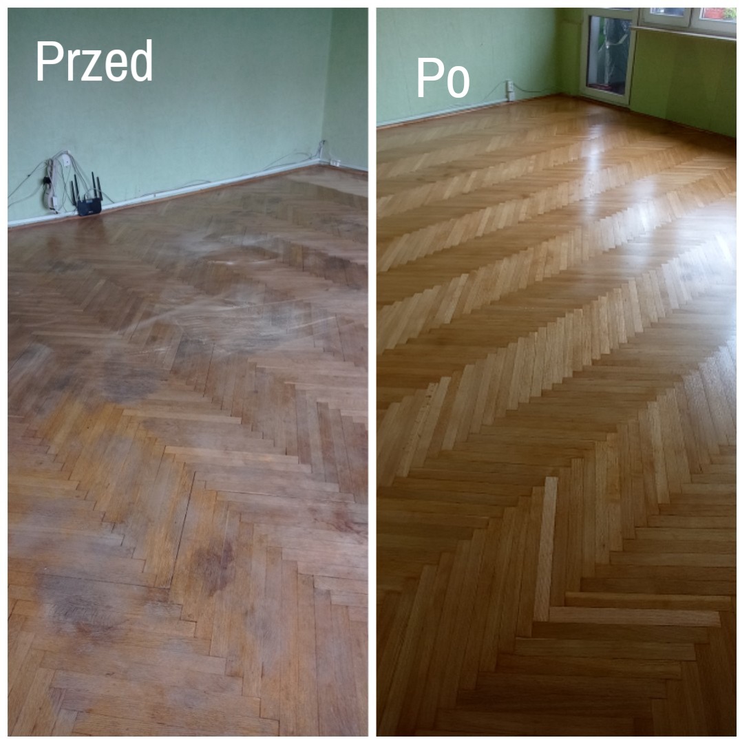 Porównanie podłogi parkietowej przed i po renowacji: po lewej stronie widoczny zniszczony parkiet, po prawej odnowiony, błyszczący parkiet ułożony we wzór jodełki.