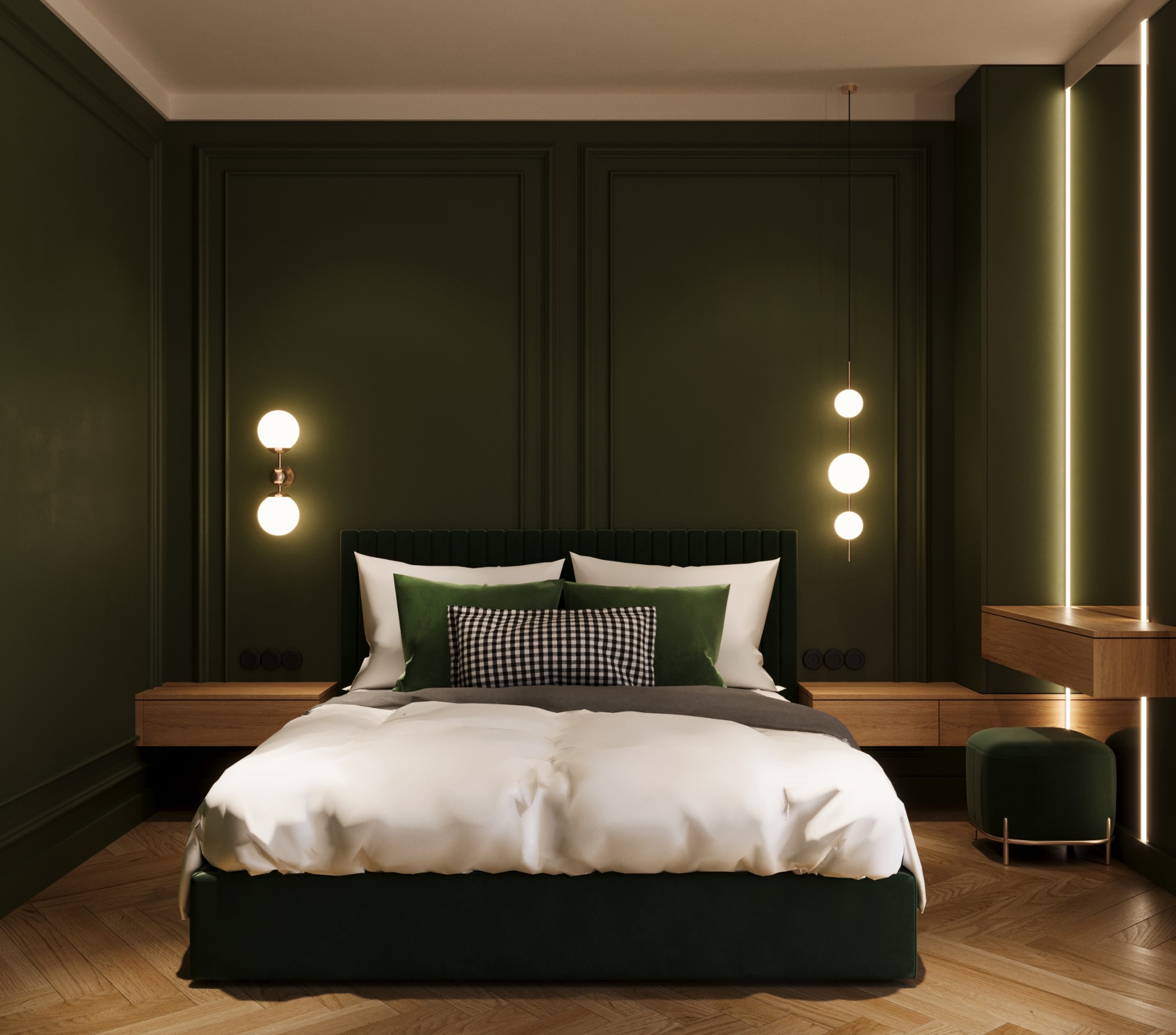 Elegancka sypialnia w odcieniach zieleni z drewnianą podłogą w jodełkę. Na ścianie kinkiety i pionowe oświetlenie LED. Aranżacja z pufą i szafkami nocnymi.