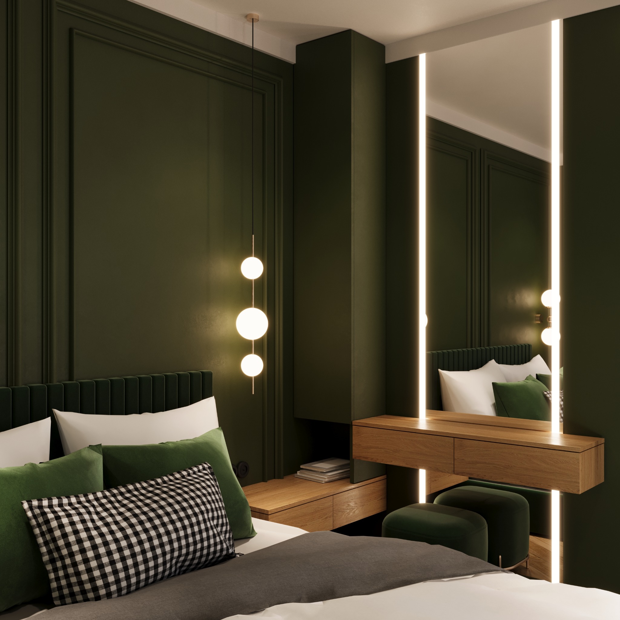 Nowoczesna sypialnia w odcieniach zieleni z podświetlanym lustrem i drewnianą toaletką. Dekoracyjne panele ścienne i lampy kuliste dodają elegancji.