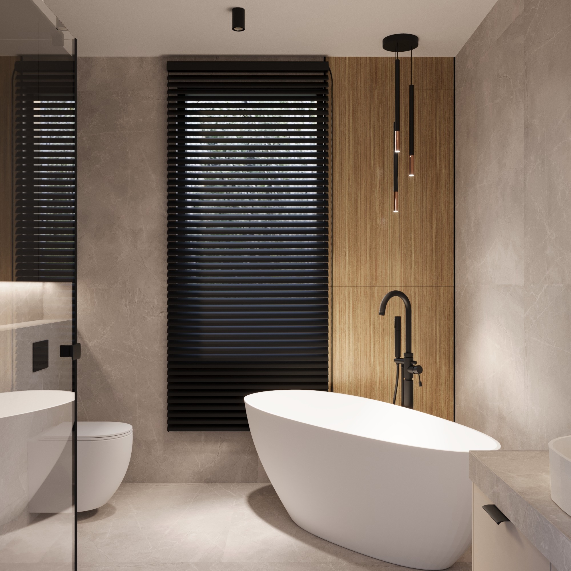 Nowoczesna łazienka z wolnostojącą wanną, czarną armaturą i drewnianym panelem ściennym. Okno z żaluzjami i minimalistyczne oświetlenie.