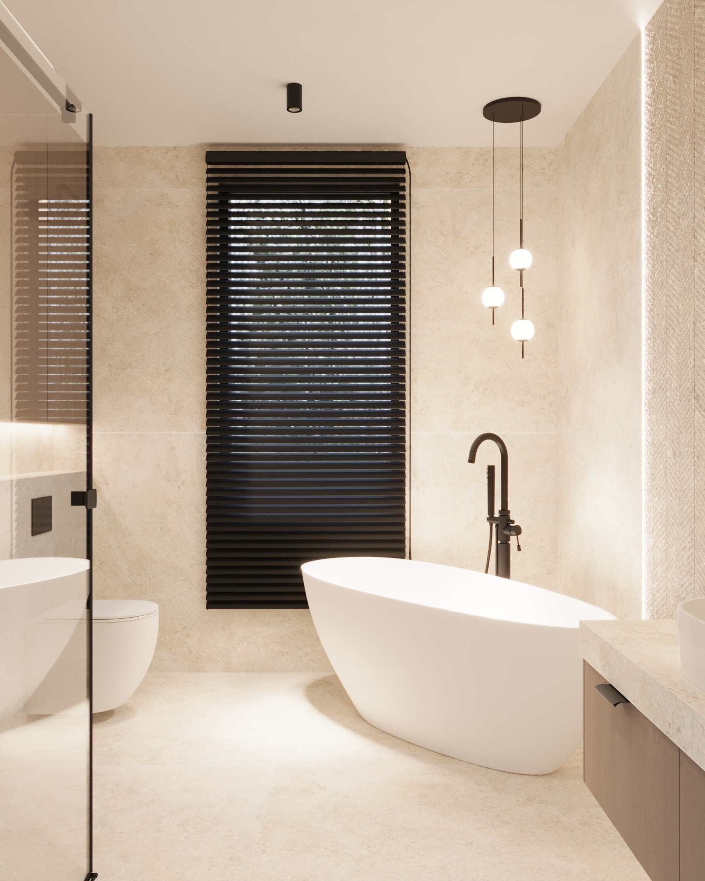 Minimalistyczna łazienka z wolnostojącą wanną, czarną armaturą i żaluzjami. Beżowe płytki i subtelne oświetlenie tworzą spokojną atmosferę.