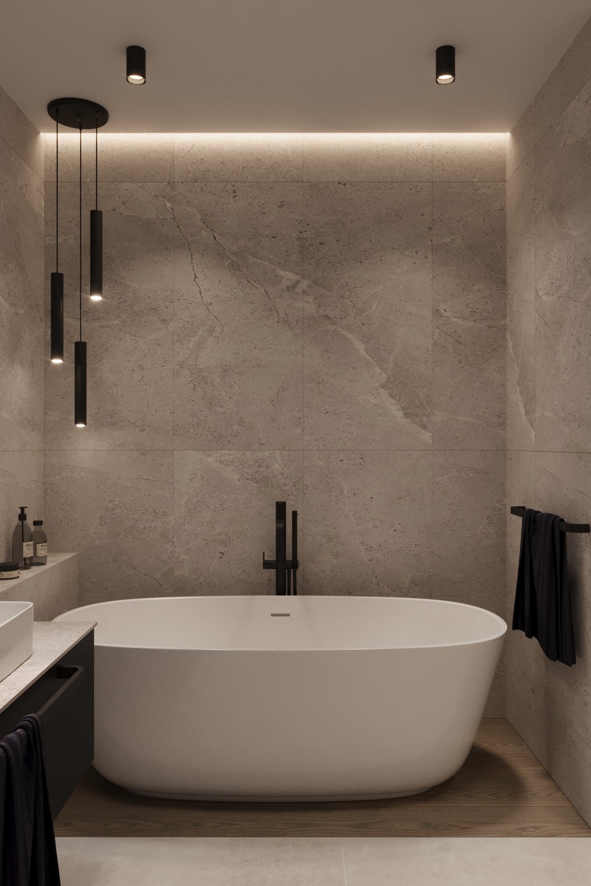 Minimalistyczna łazienka z wolnostojącą wanną na drewnianej podłodze, podświetlona listwą LED i oświetlona czarnymi lampami tubowymi.