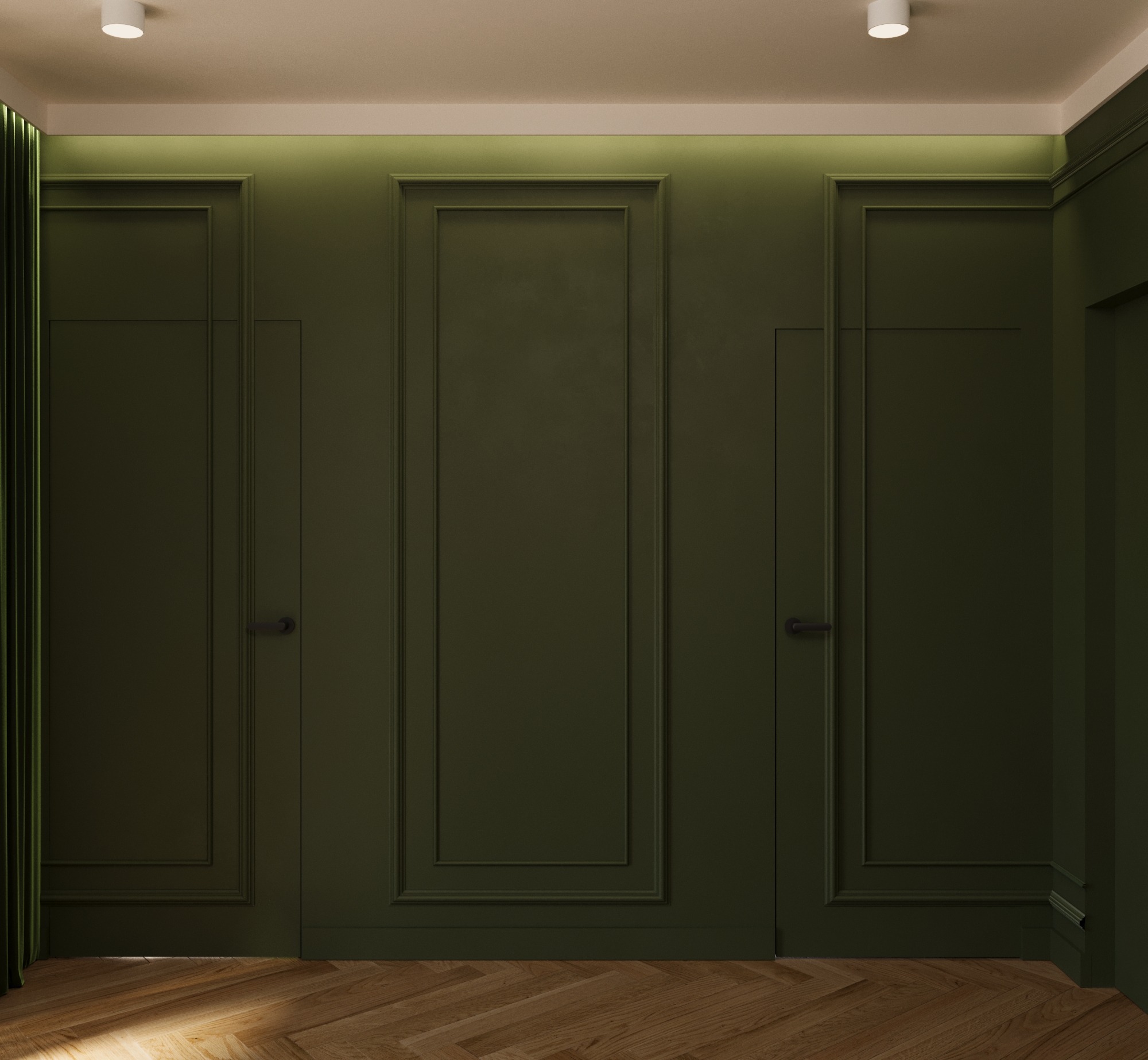 Eleganckie, oliwkowe drzwi z panelami w klasycznym stylu, parkiet w jodełkę, oświetlenie LED nad listwą. Minimalistyczny detal wnętrza.