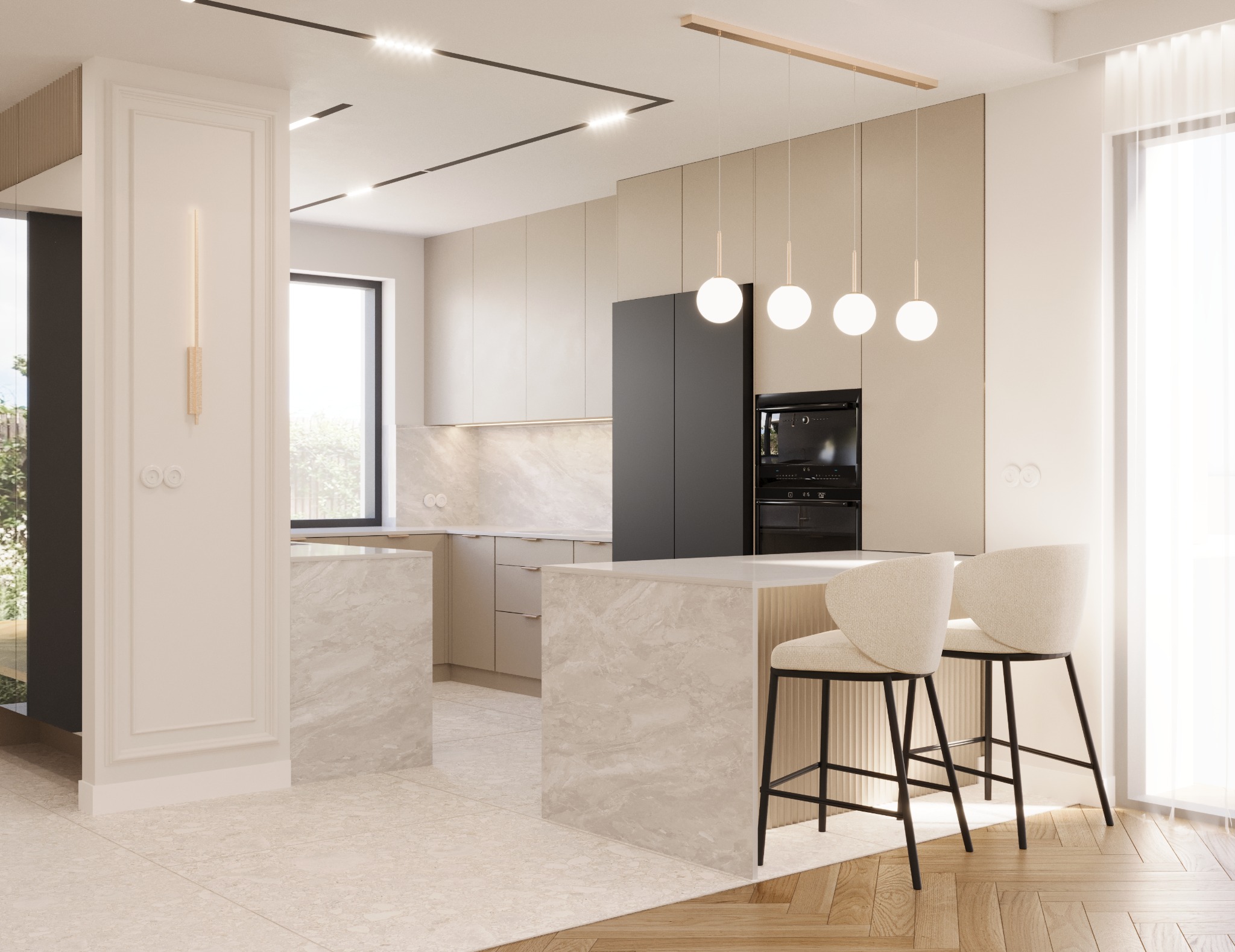 Beżowa kuchnia z wyspą i hokerami w nowoczesnym stylu, oświetlona wiszącymi lampami kulami. Minimalistyczne wnętrze z elementami kamienia i drewna.