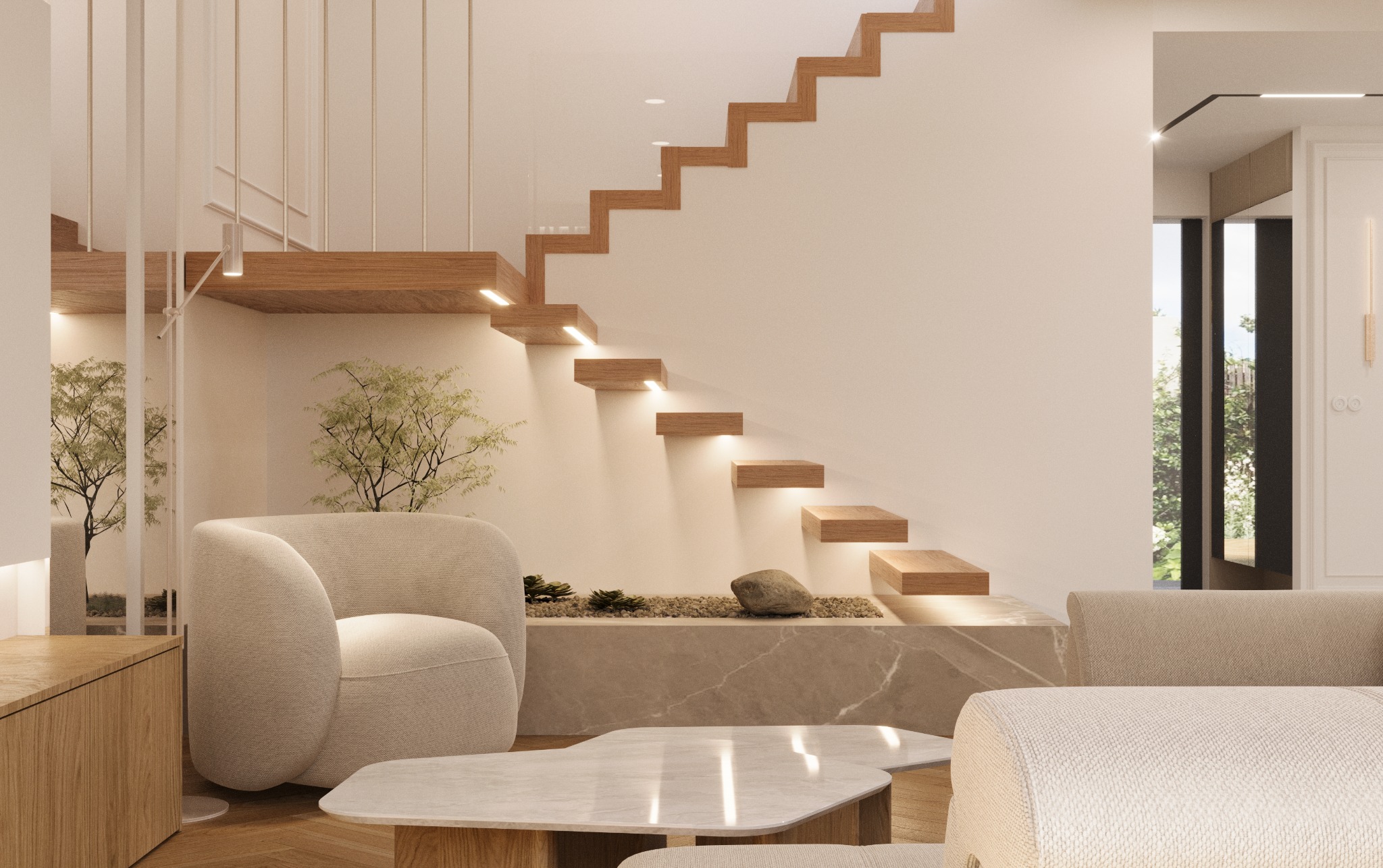 Nowoczesny salon z drewnianymi schodami podświetlonymi od spodu, beżowe meble i rośliny doniczkowe tworzą spójną, minimalistyczną przestrzeń.
