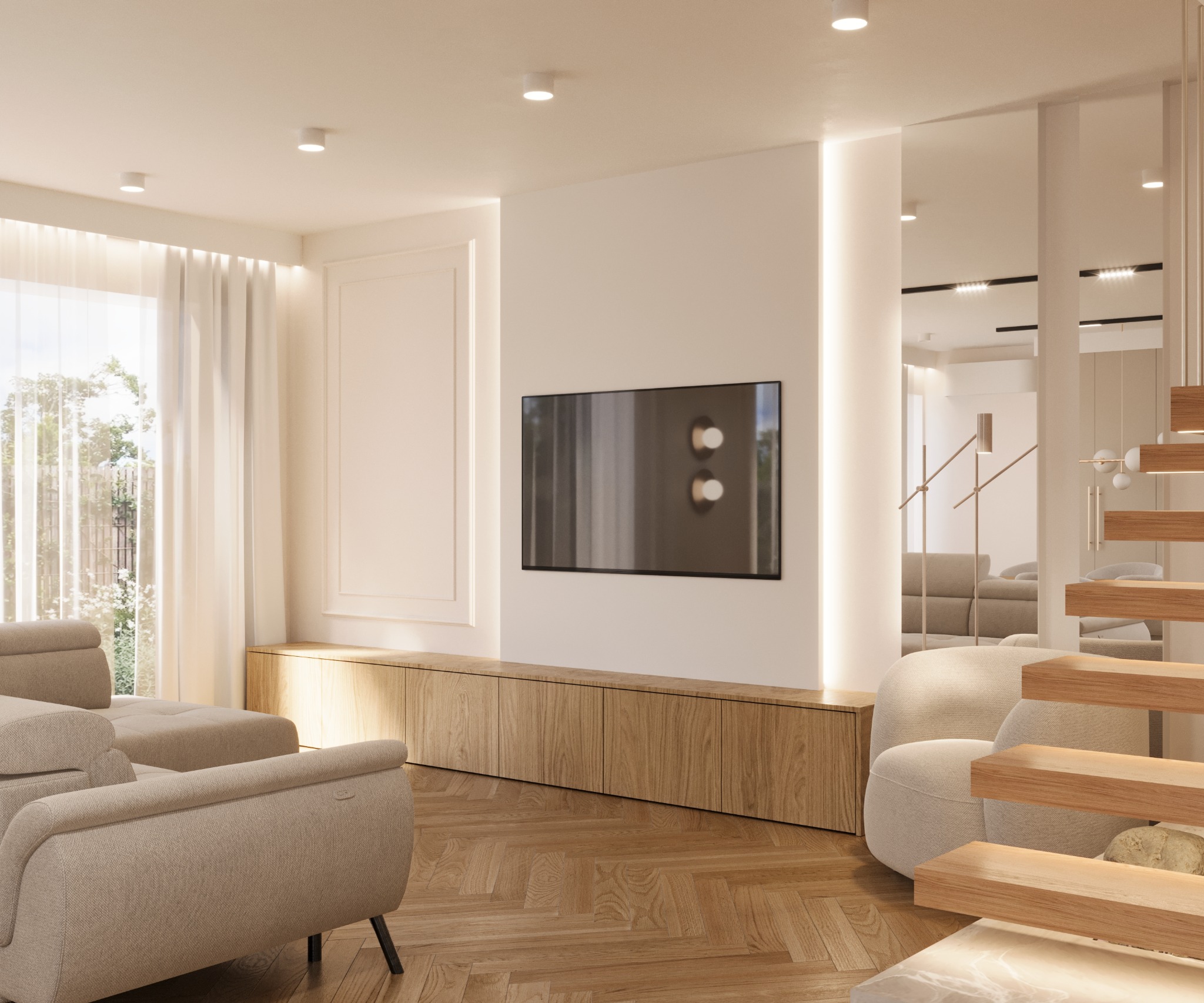 Jasne wnętrze salonu z drewnianą podłogą w jodełkę, beżową sofą i schodami. Telewizor na ścianie, subtelne oświetlenie LED i minimalistyczny design.