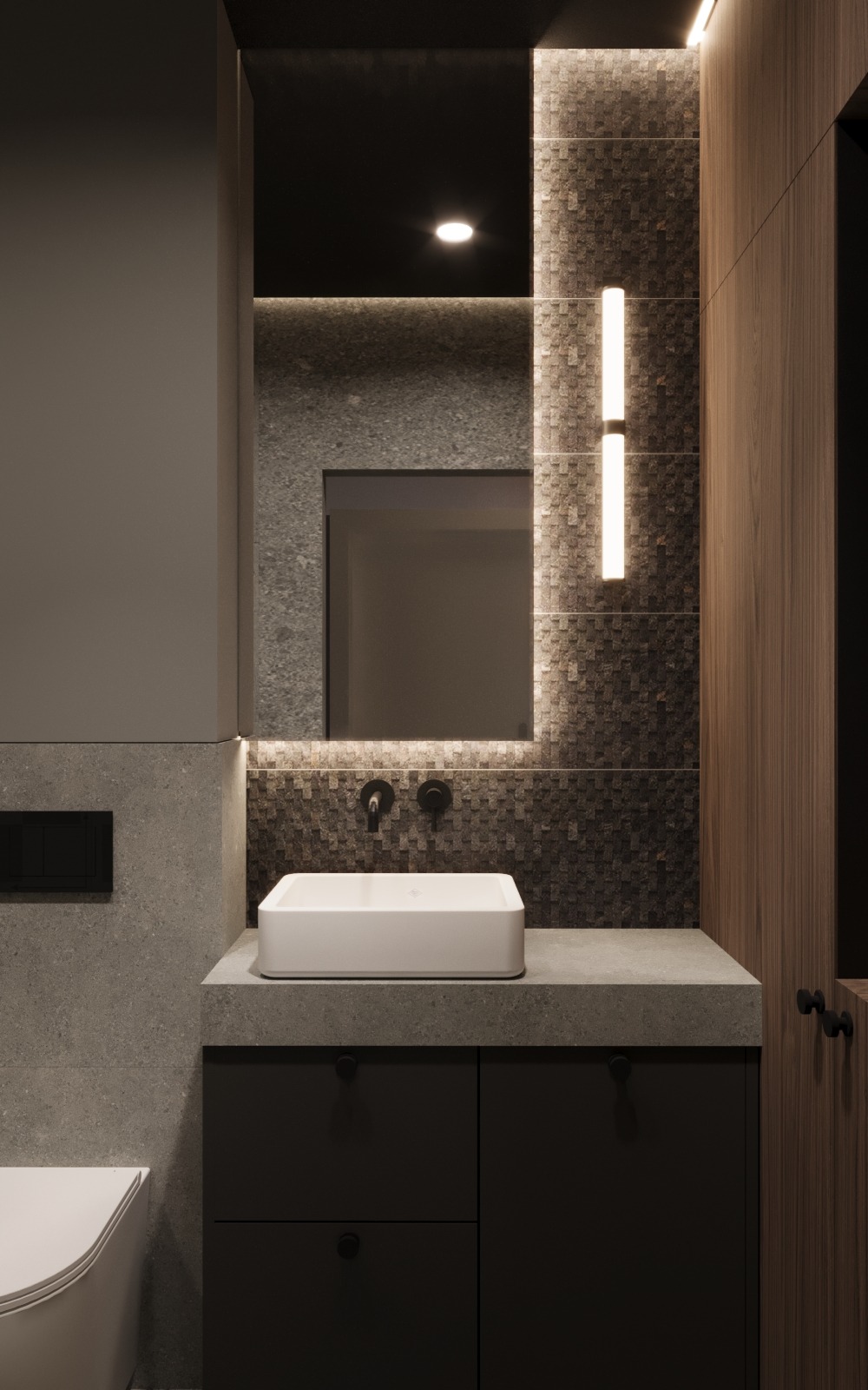 Nowoczesna łazienka z umywalką nablatową, mozaiką i podświetlanym lustrem. Minimalistyczny design z ciemnymi elementami i drewnianymi akcentami.