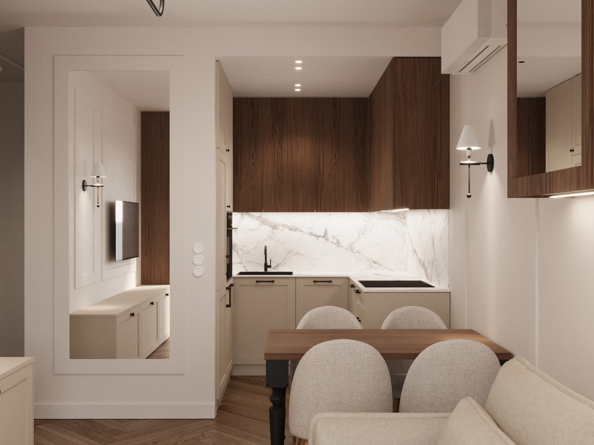 Nowoczesna aranżacja wnętrza: kuchnia z marmurowym blatem, drewniane szafki, stół z krzesłami i lustro odbijające salon z telewizorem. Ciepłe oświetlenie.