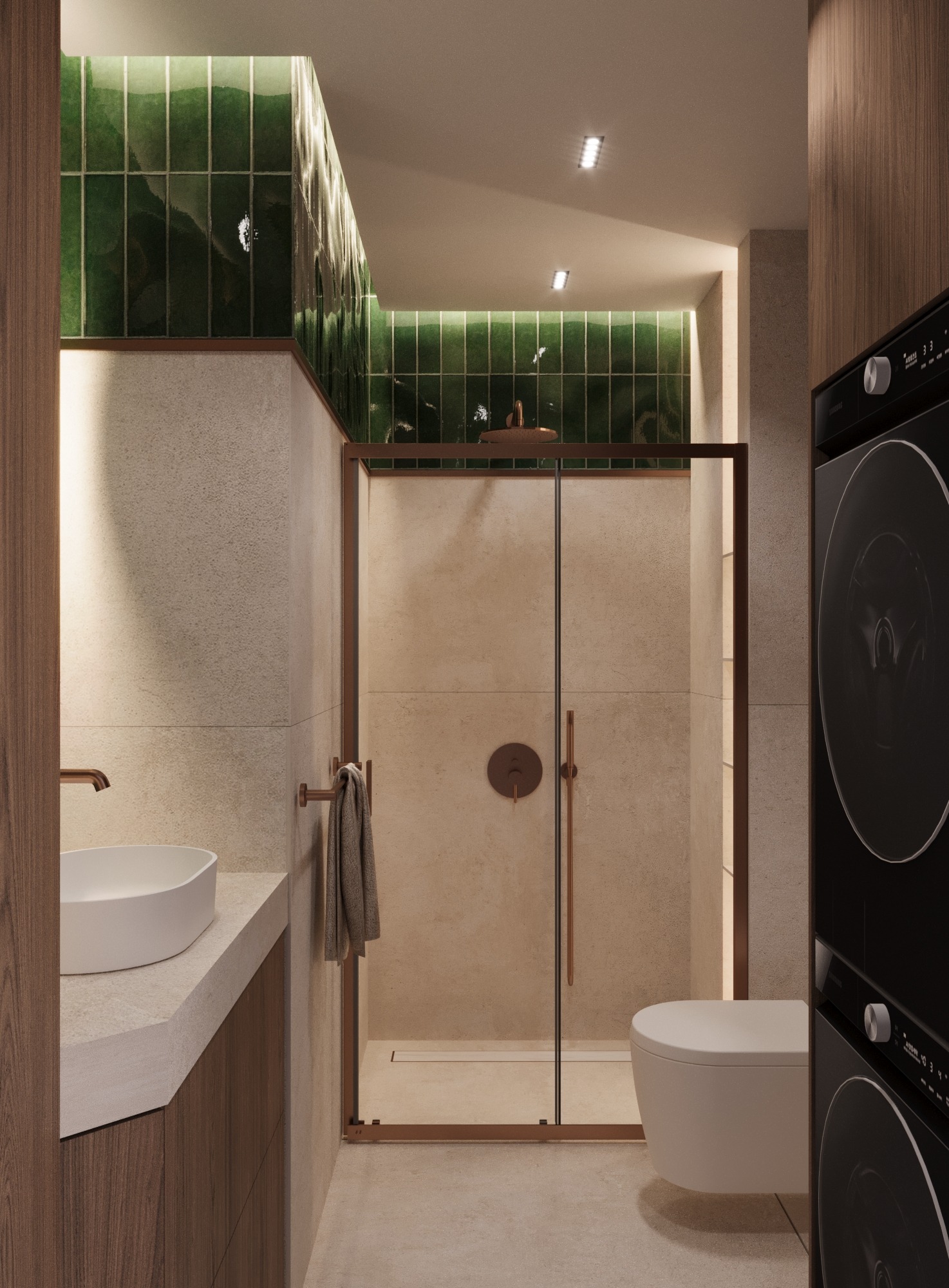 Nowoczesna łazienka z kabiną prysznicową w odcieniach beżu i zieleni, z elementami armatury w kolorze miedzi i pralko-suszarką w zabudowie. Minimalistyczny design.