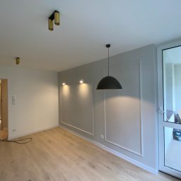 Yonex - Pusty pokój po remoncie z panelami podłogowymi, szarą ścianą z dekoracyjnymi ramkami, nowoczesnym oświetleniem sufitowym i dużym oknem balkonowym.