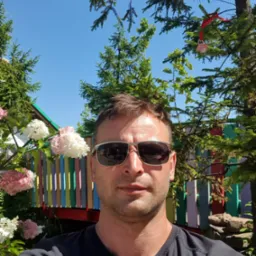 Mężczyzna w okularach przeciwsłonecznych na tle kolorowego płotu, hortensji i drzew iglastych w słoneczny dzień.