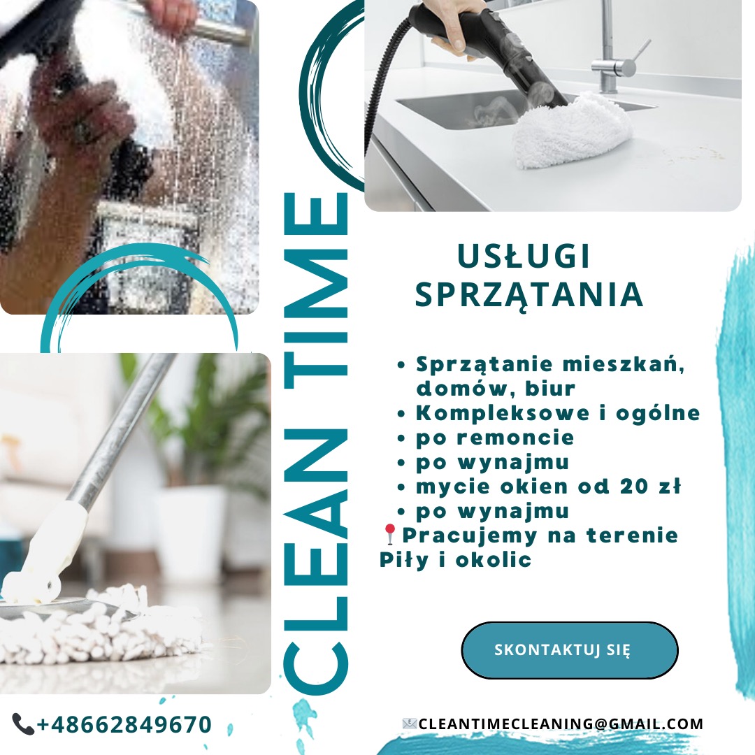 Reklama usług sprzątania: mycie okien z zaciekami, czyszczenie parowe zlewu i mop na podłodze, logo Clean Time, numer telefonu i adres email.